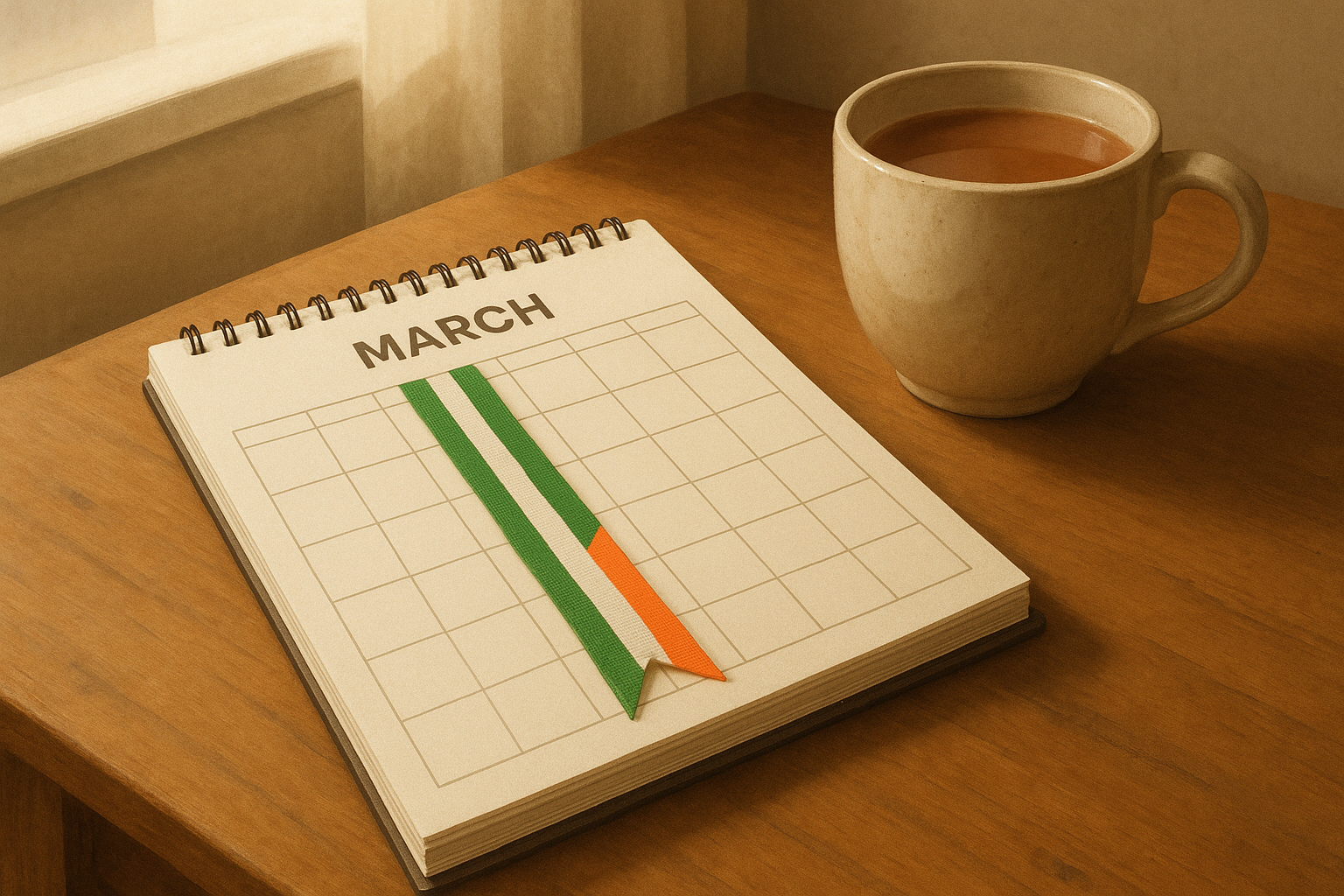 Calendar and Irish tricolour ribbon still life
